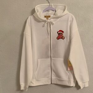NWT Cult Favorite White Hoodie Embroidered Bear With Christmas Design Size XL